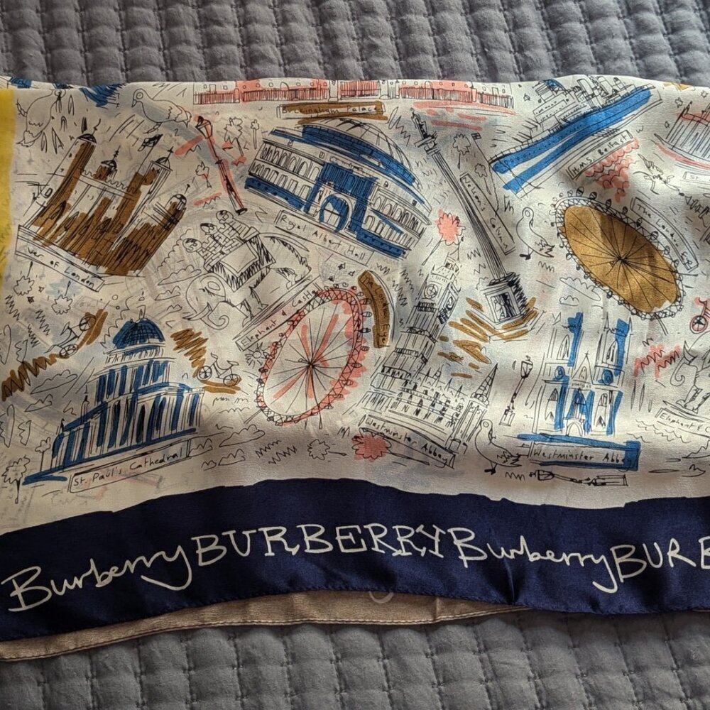 Burberry 100% Silk Scarf London Theme - Picture 4 of 10